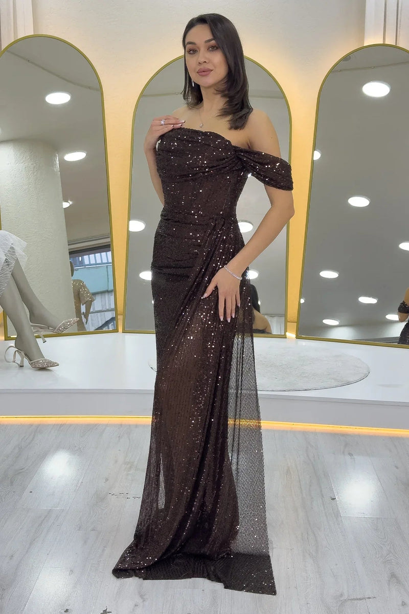 Women's Off-Shoulder Brown Sequin Slit Evening Gown