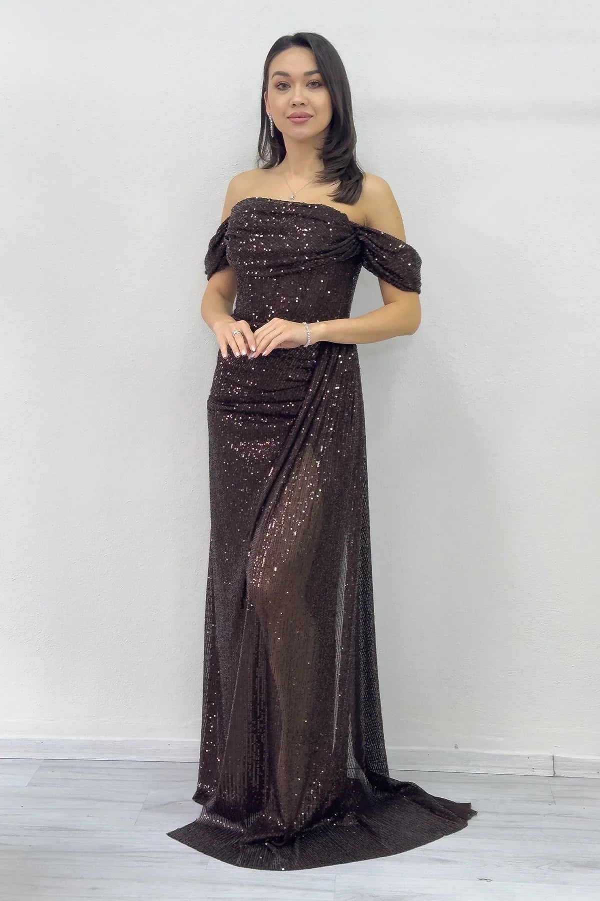 Women's Off-Shoulder Brown Sequin Slit Evening Gown