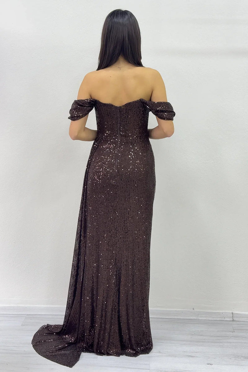 Women's Off-Shoulder Brown Sequin Slit Evening Gown