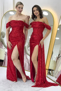 Red Off-Shoulder Sequin Deep Slit Evening Dress