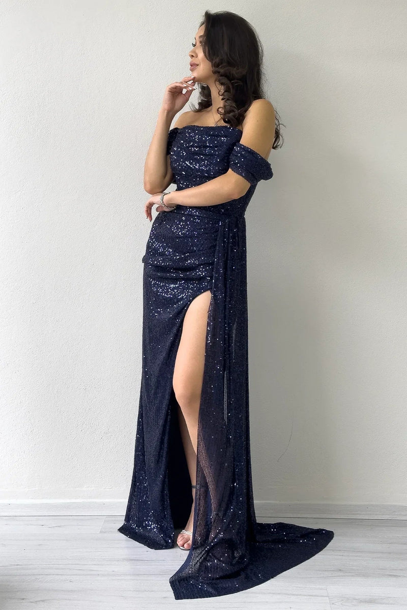 Women's Off-Shoulder Navy Blue Sequin Slit Evening Gown