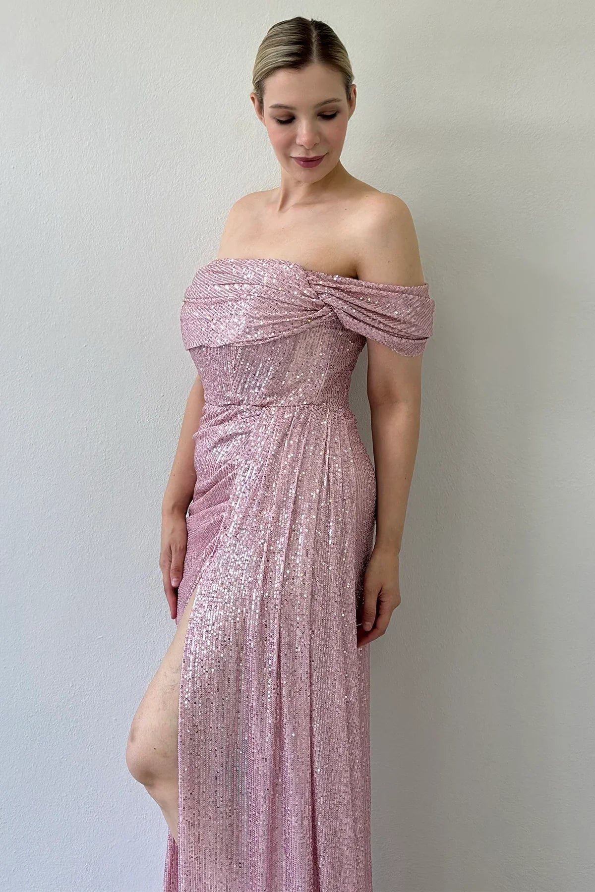 Women's Off-Shoulder Powder Pink Sequin Slit Evening Gown