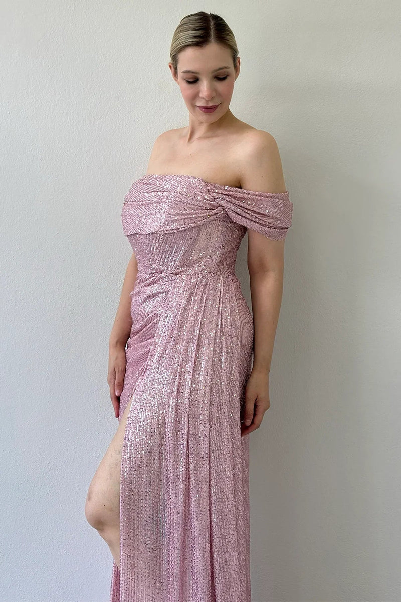 Women's Off-Shoulder Powder Pink Sequin Slit Evening Gown