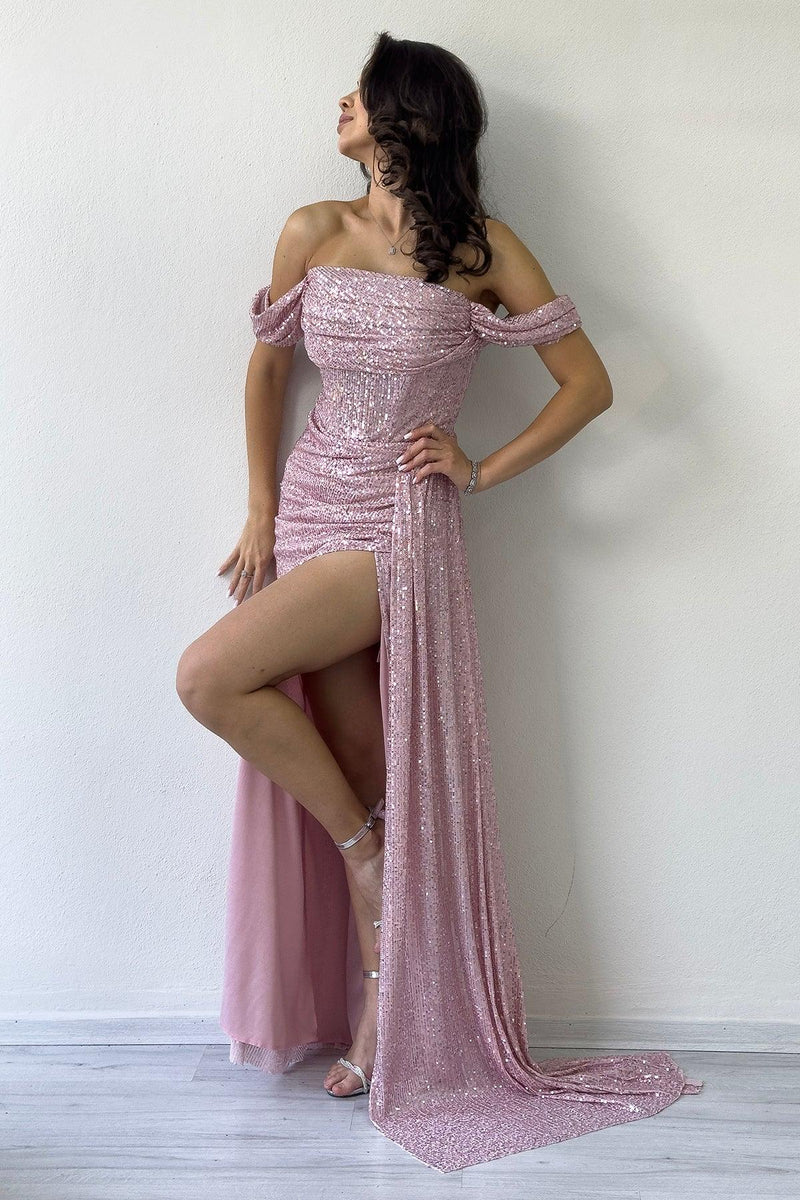 Women's Off-Shoulder Powder Pink Sequin Slit Evening Gown