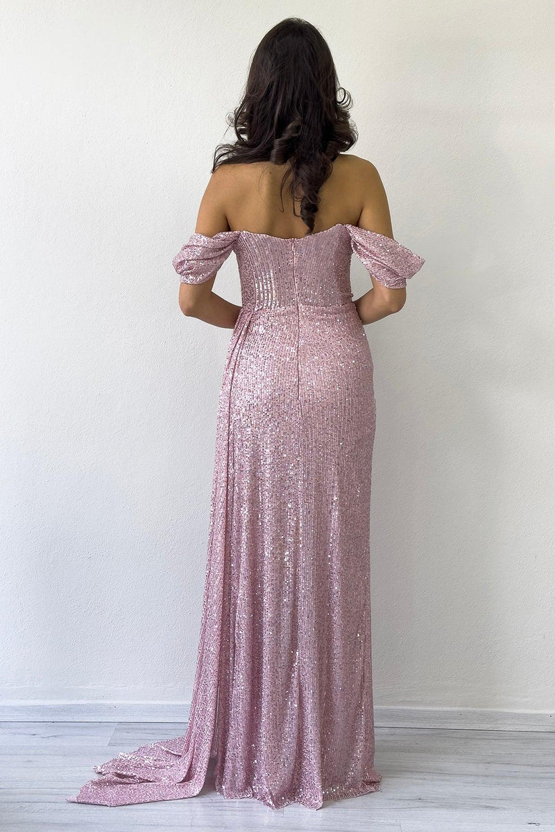 Women's Off-Shoulder Powder Pink Sequin Slit Evening Gown