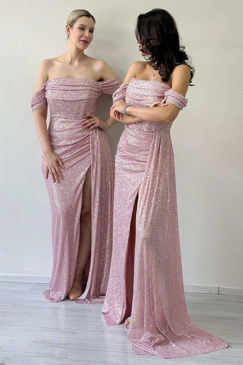 Women's Off-Shoulder Powder Pink Sequin Slit Evening Gown