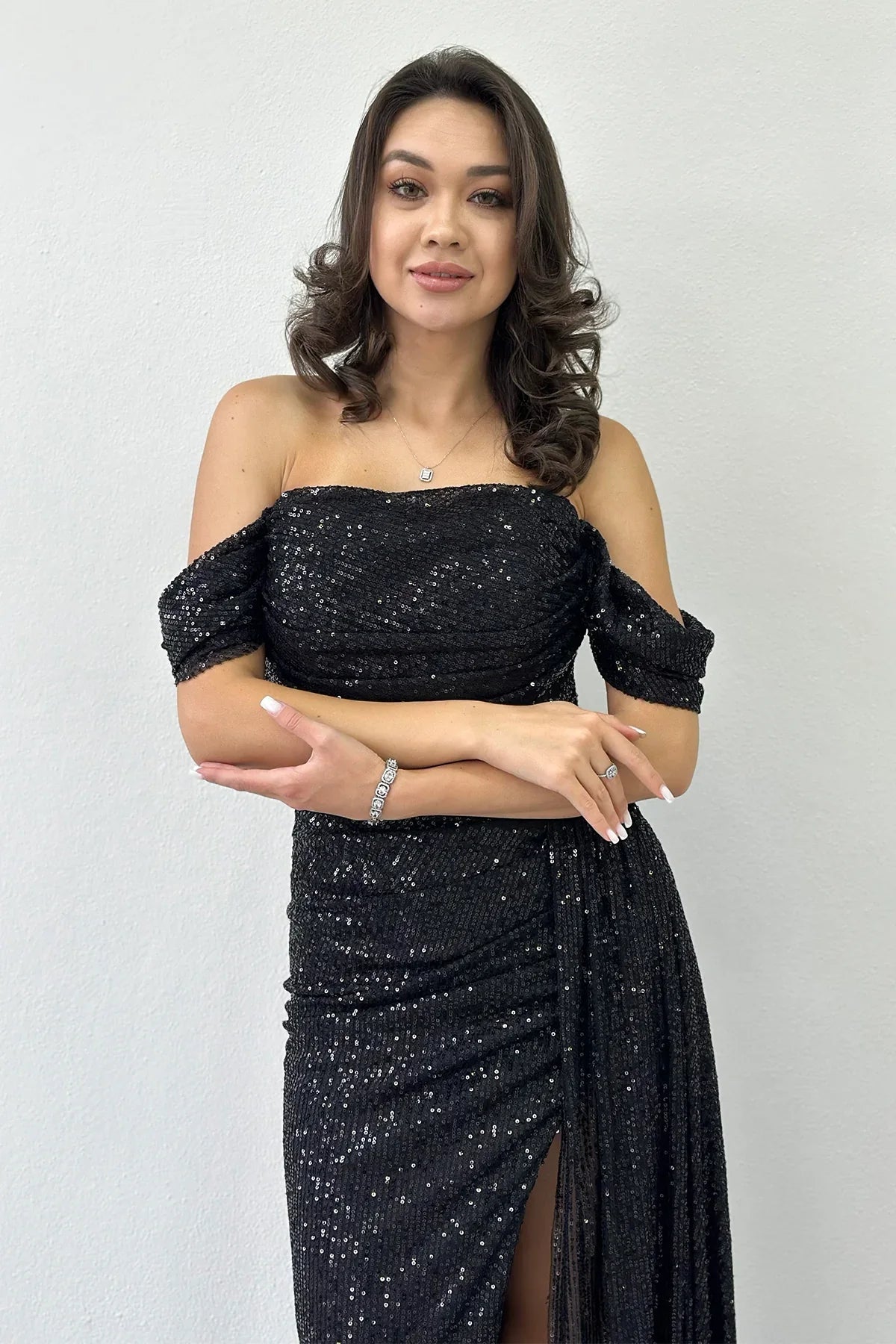 Women's Off-Shoulder Black Sequin Slit Evening Gown