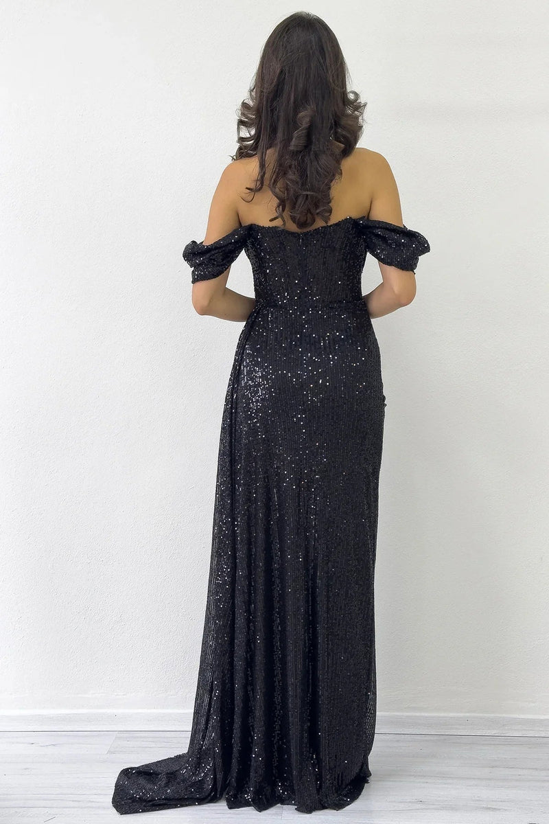 Women's Off-Shoulder Black Sequin Slit Evening Gown