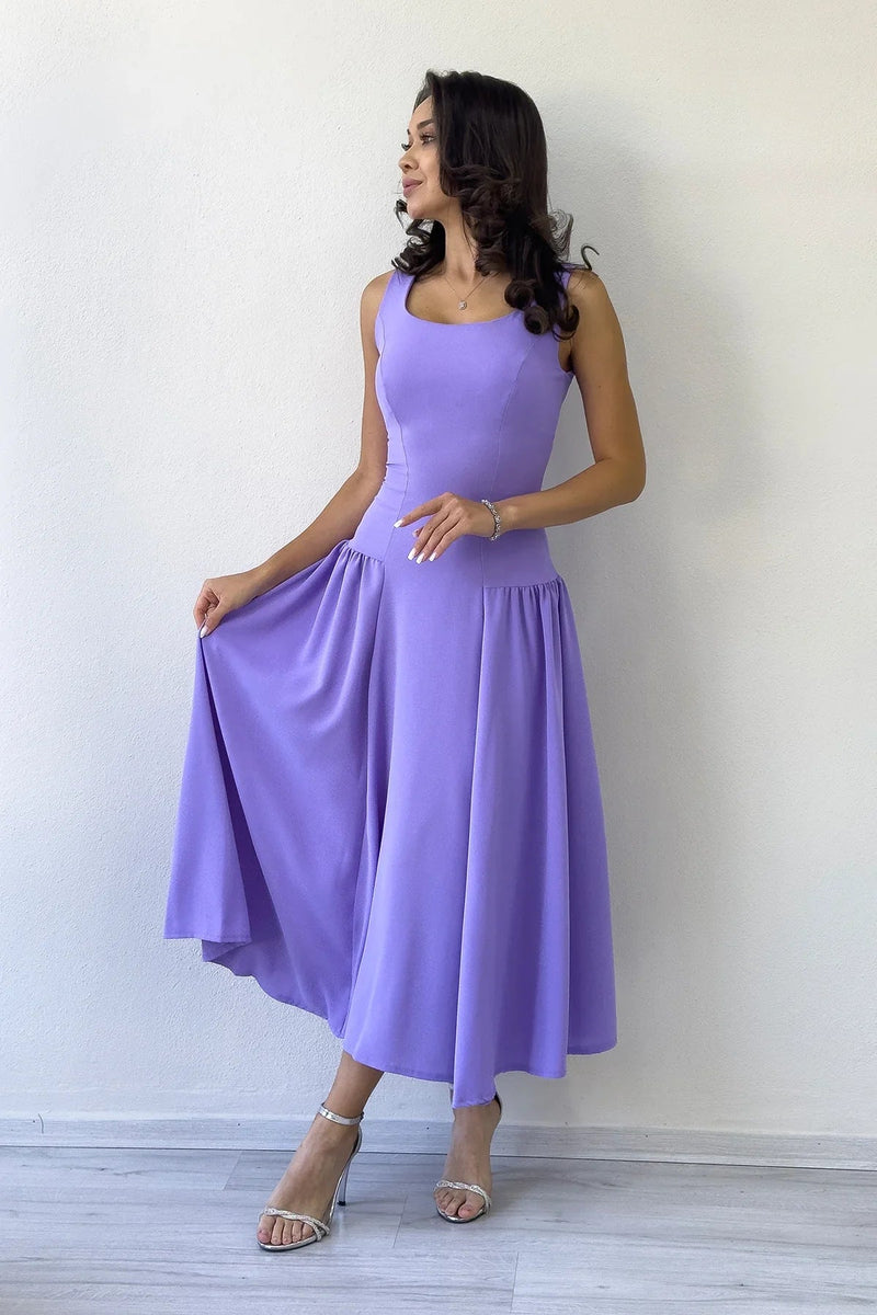 Women's Lilac Square Neck Thick Strap Flared Dress