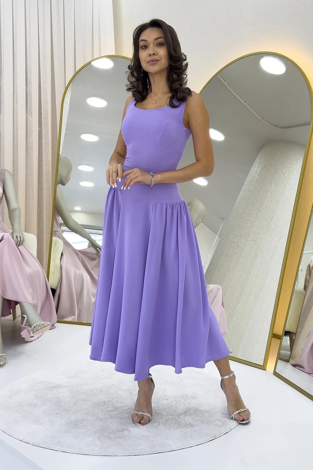Women's Lilac Square Neck Thick Strap Flared Dress