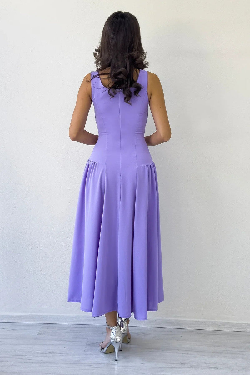 Women's Lilac Square Neck Thick Strap Flared Dress
