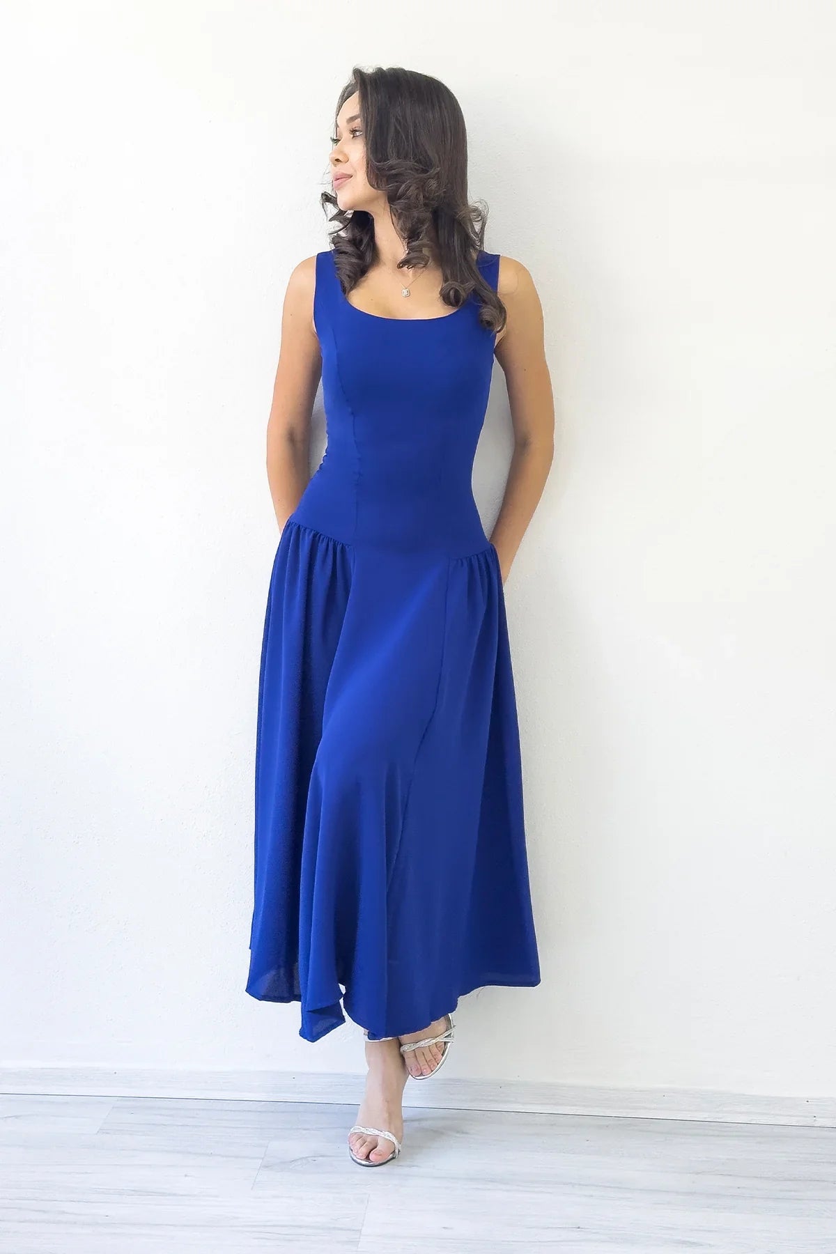 Women's Saxe Blue Square Neck Thick Strap Flared Dress
