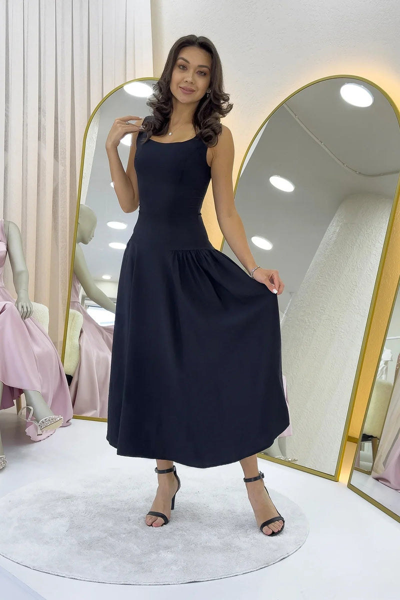 Women's Black Square Neck Thick Strap Flared Dress