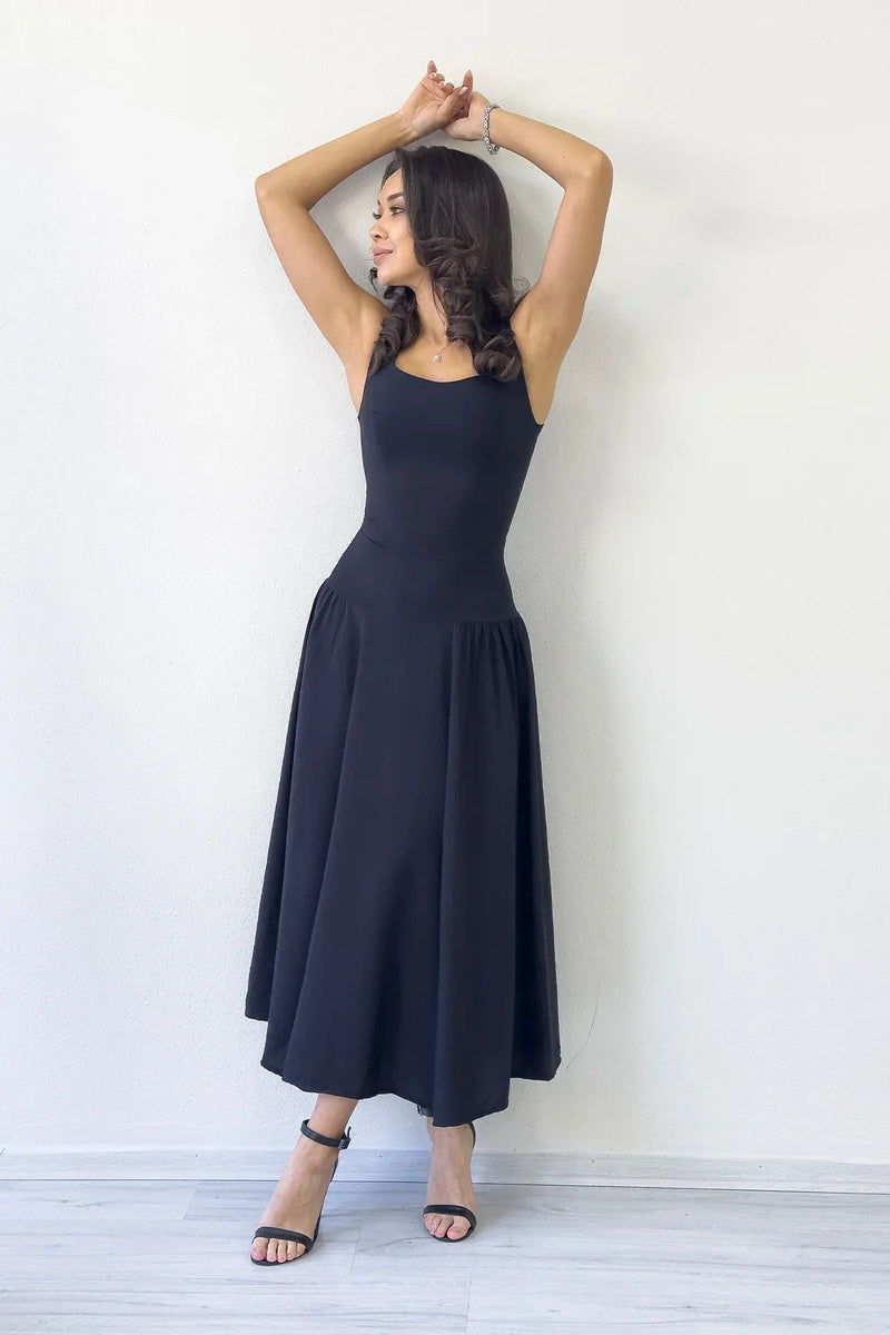 Women's Black Square Neck Thick Strap Flared Dress