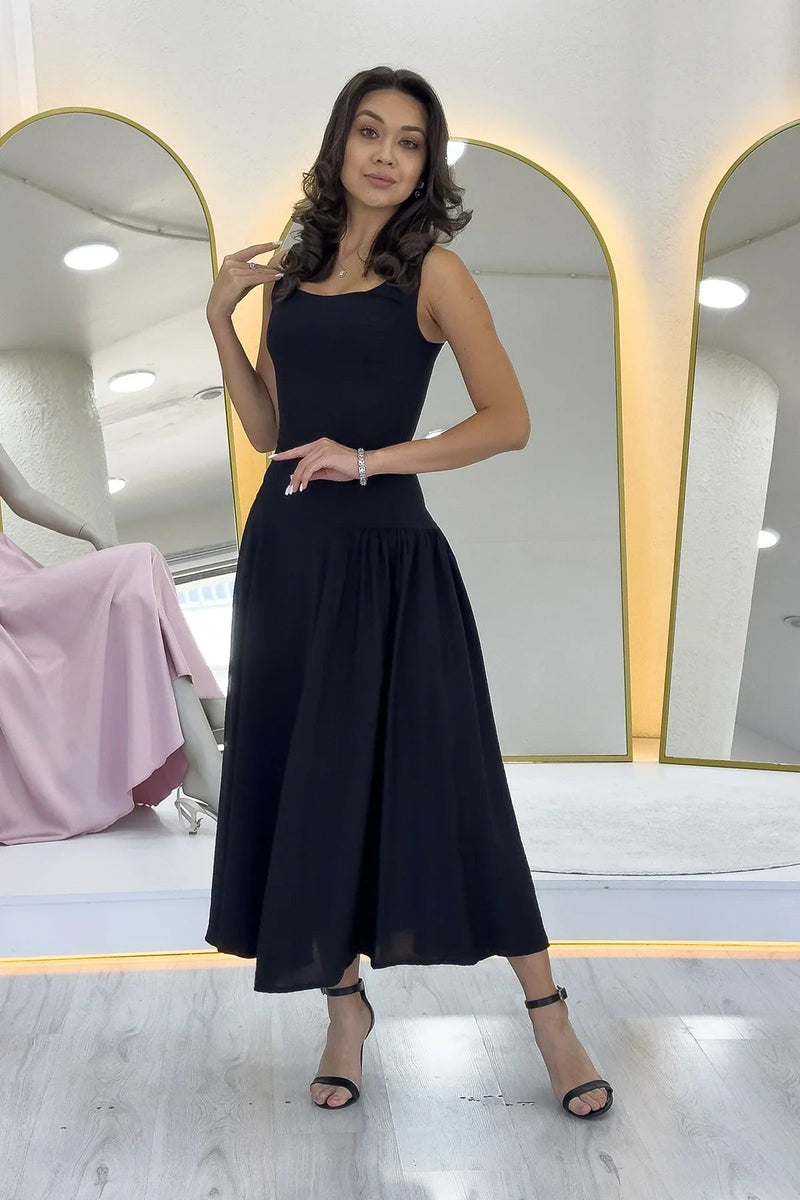 Women's Black Square Neck Thick Strap Flared Dress