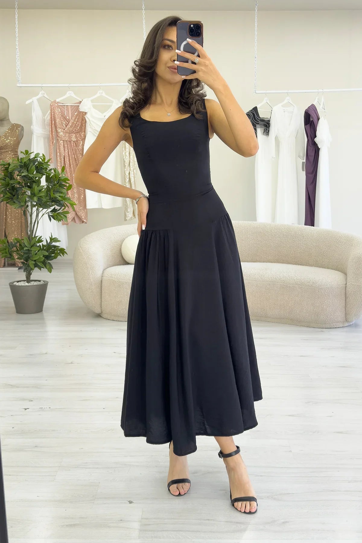 Women's Black Square Neck Thick Strap Flared Dress