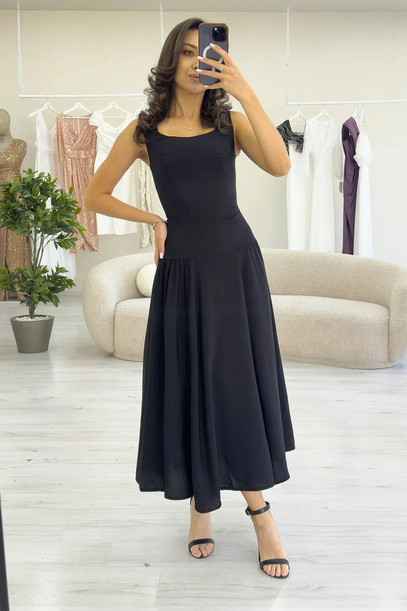 Women's Black Square Neck Thick Strap Flared Dress