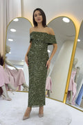 Khaki Off-Shoulder Sequin Midi Evening Dress