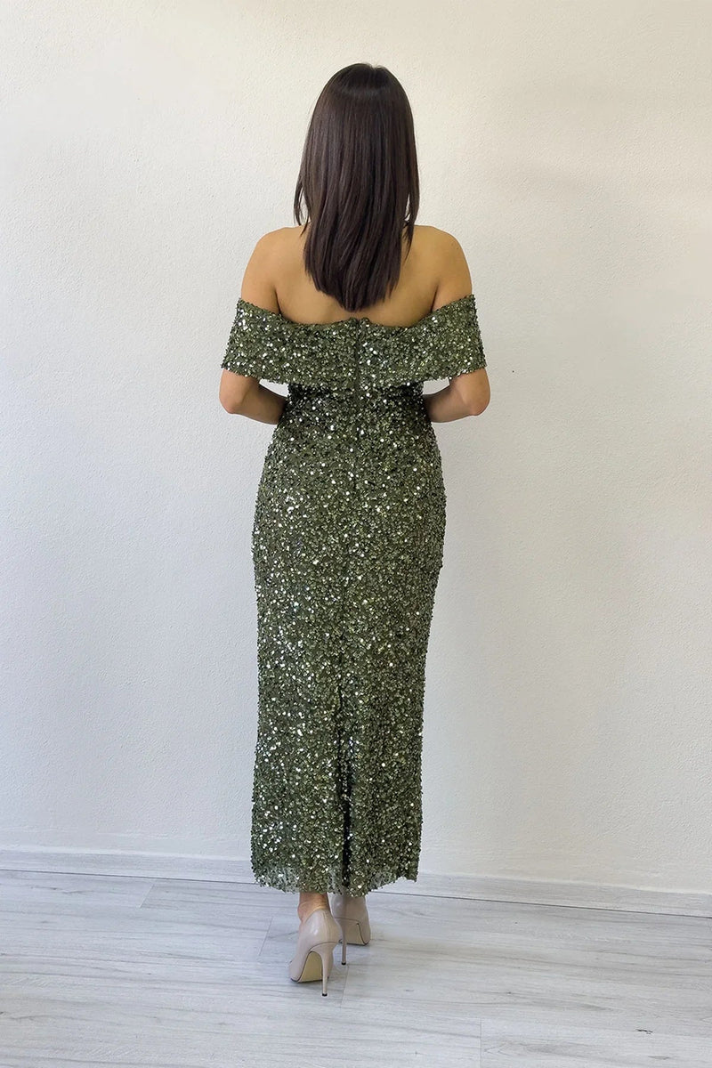 Women's Khaki Madonna Collar Sequin Embellished Pencil Midi Evening Gown