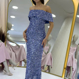 فستان سهرة نسائي متوسط ​​الطول مزين بتطريز ياقة مادونا بلون أرجواني داكن