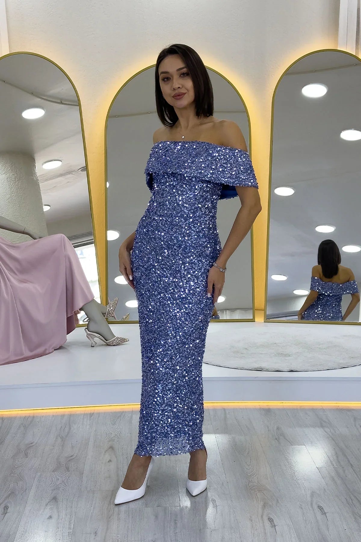 Women's Dark Lilacc Madonna Collar Sequin Embellished Pencil Midi Evening Gown