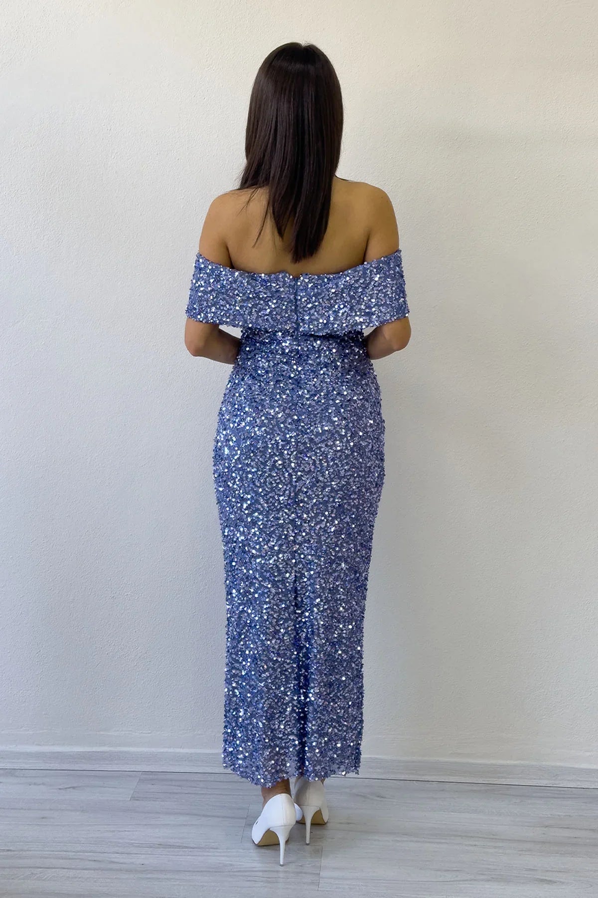 Women's Dark Lilacc Madonna Collar Sequin Embellished Pencil Midi Evening Gown