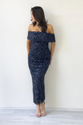 Navy Blue Off-Shoulder Sequin Midi Evening Dress