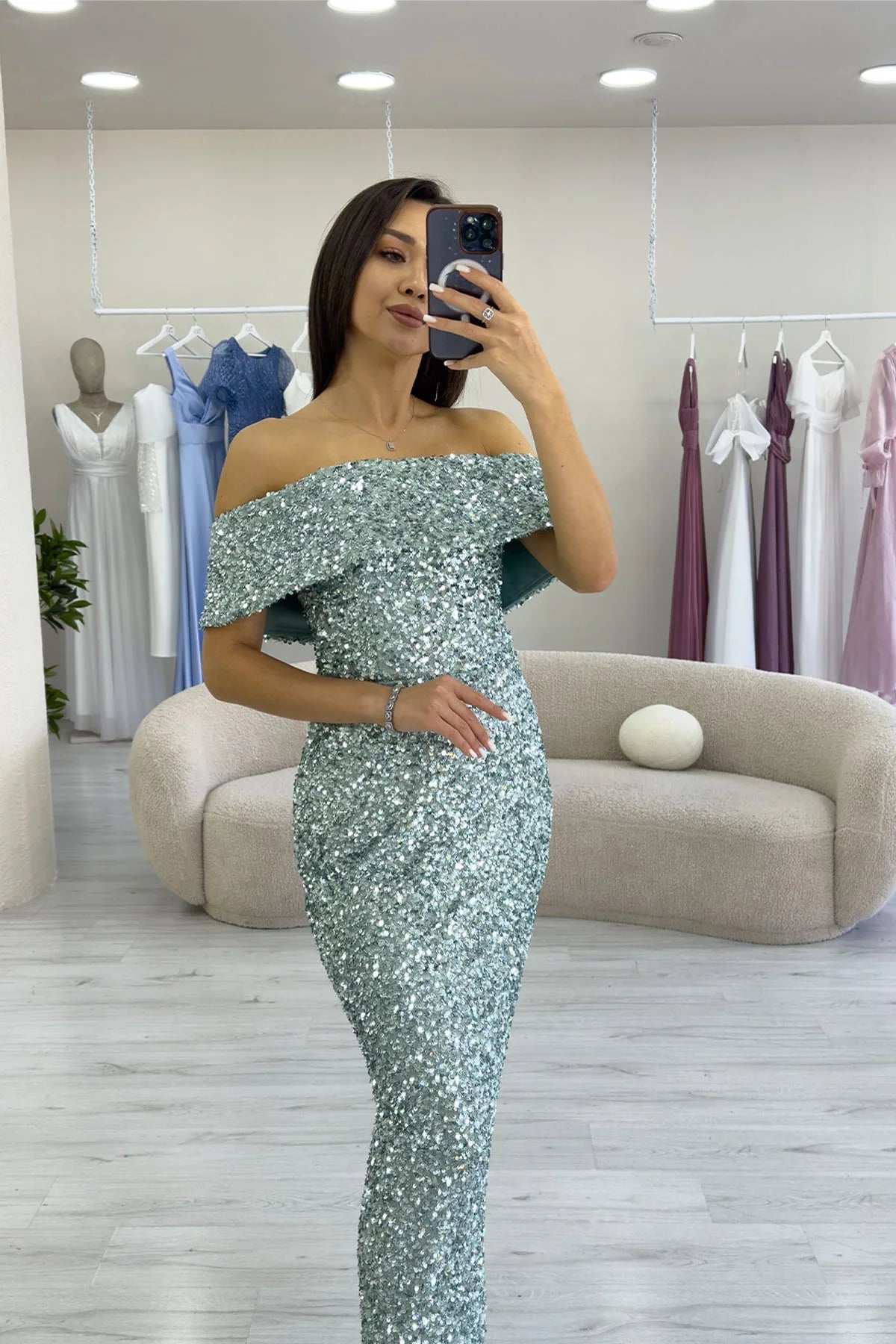 Women's Aqua Green Madonna Collar Sequin Embellished Pencil Midi Evening Gown