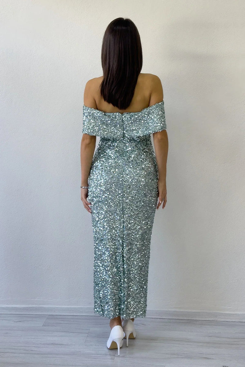 Women's Aqua Green Madonna Collar Sequin Embellished Pencil Midi Evening Gown
