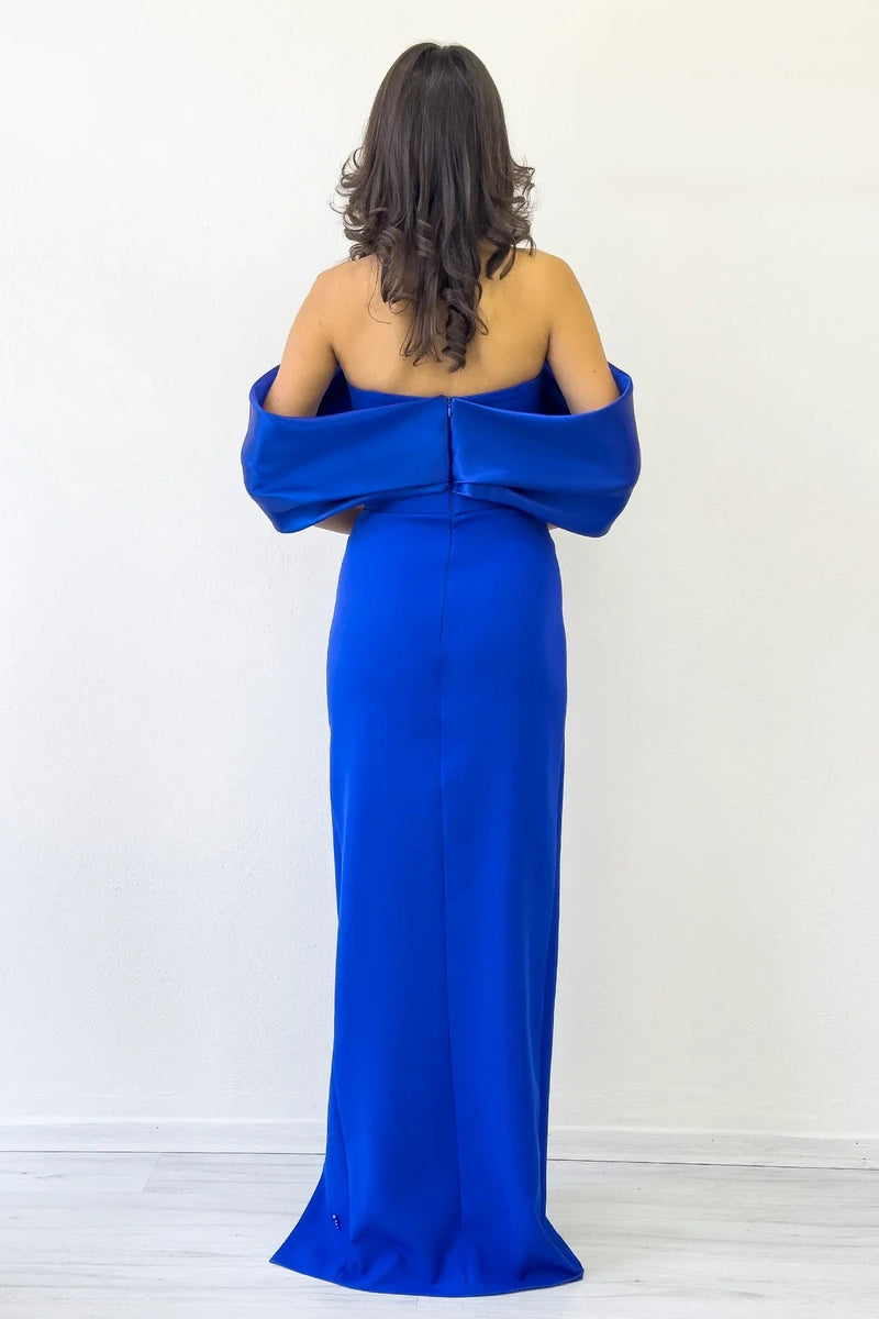 Women's Saxe Blue Boat Neck Boncuk Detail Slit Evening Gown