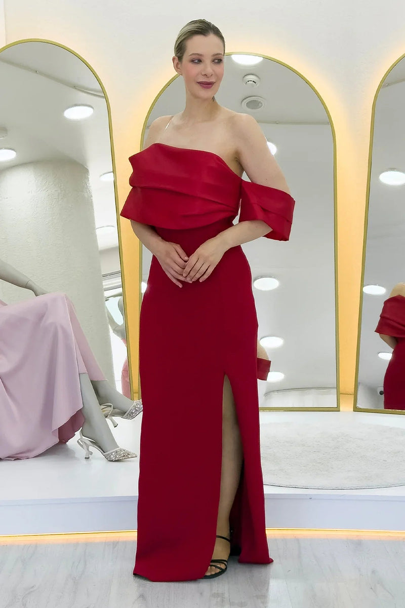 Women's Red Draped Collar Drop Shoulder Slit Long Evening Gown