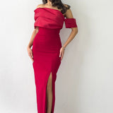 Red Off-Shoulder Satin Maxi Evening Dress