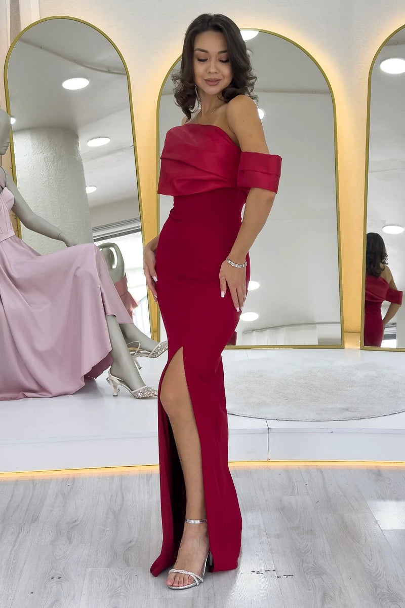 Women's Red Draped Collar Drop Shoulder Slit Long Evening Gown