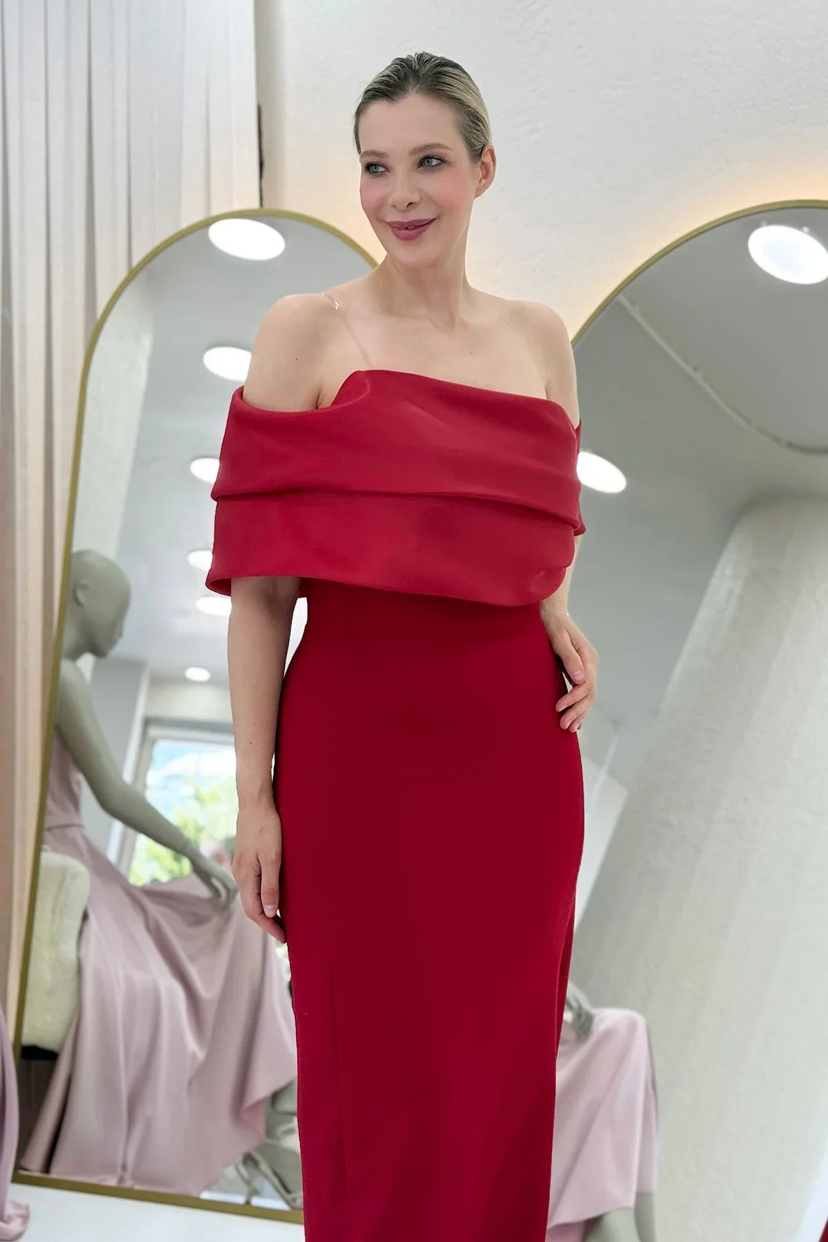 Women's Red Draped Collar Drop Shoulder Slit Long Evening Gown