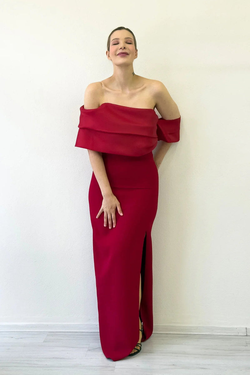 Women's Red Draped Collar Drop Shoulder Slit Long Evening Gown