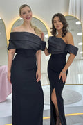 Black Off-Shoulder Satin Maxi Evening Dress