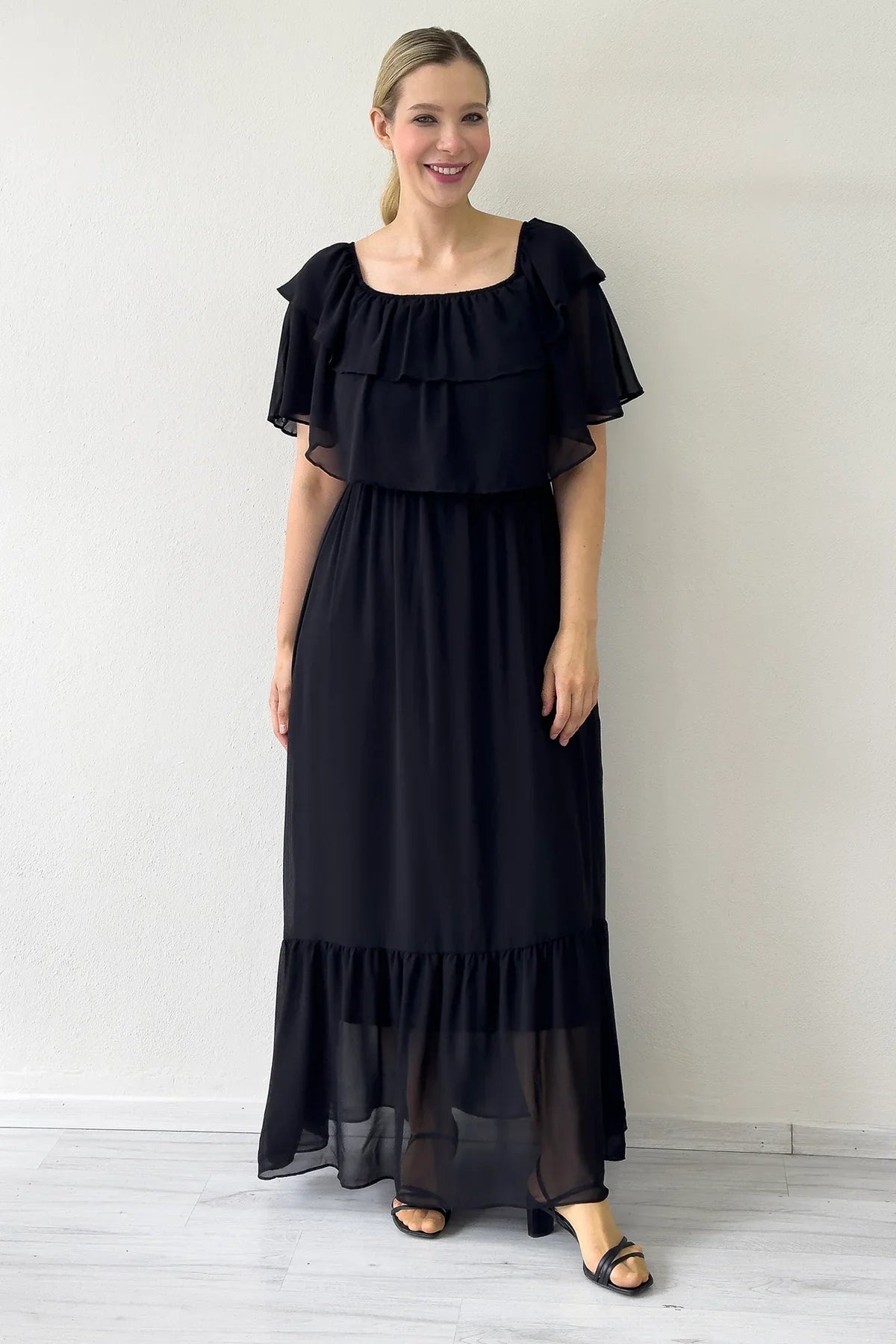 Women's Black Carmen Neck Ruffled Plus Size Long Chiffon Dress