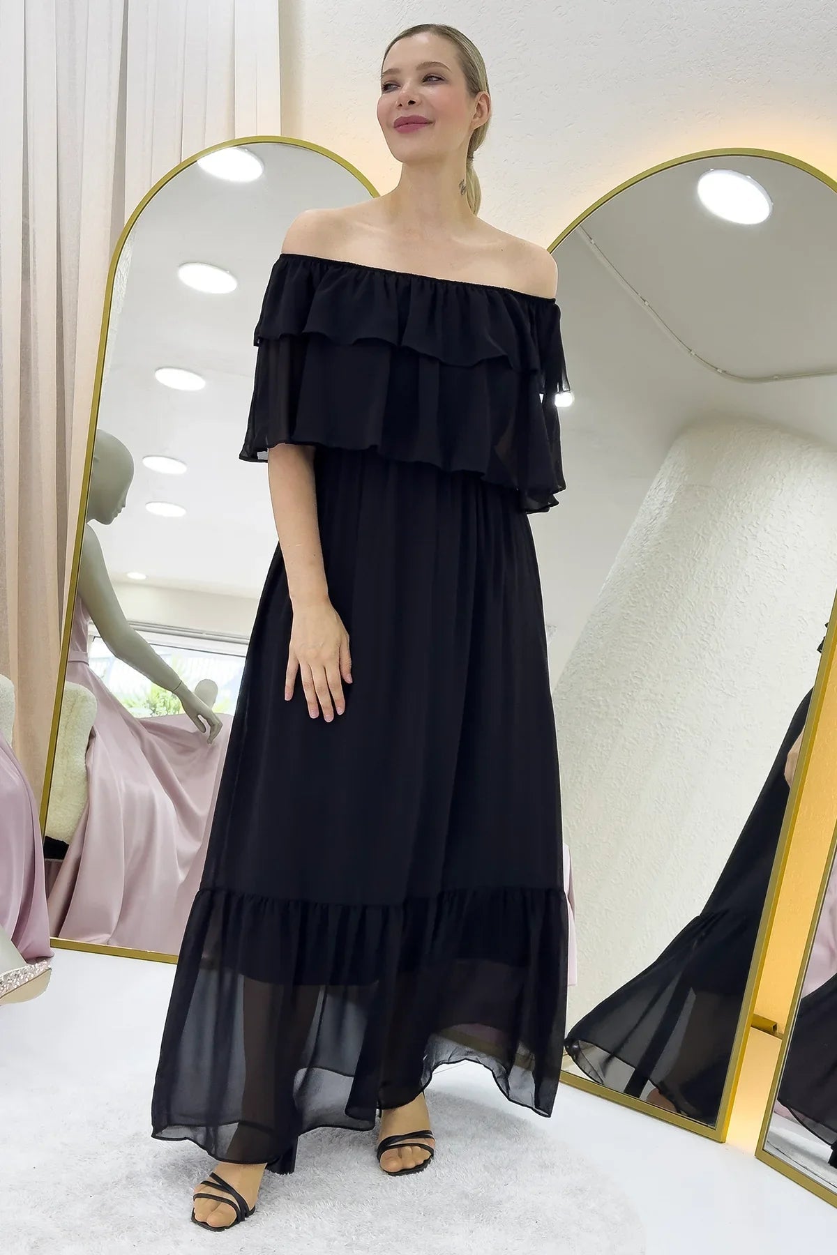 Women's Black Carmen Neck Ruffled Plus Size Long Chiffon Dress