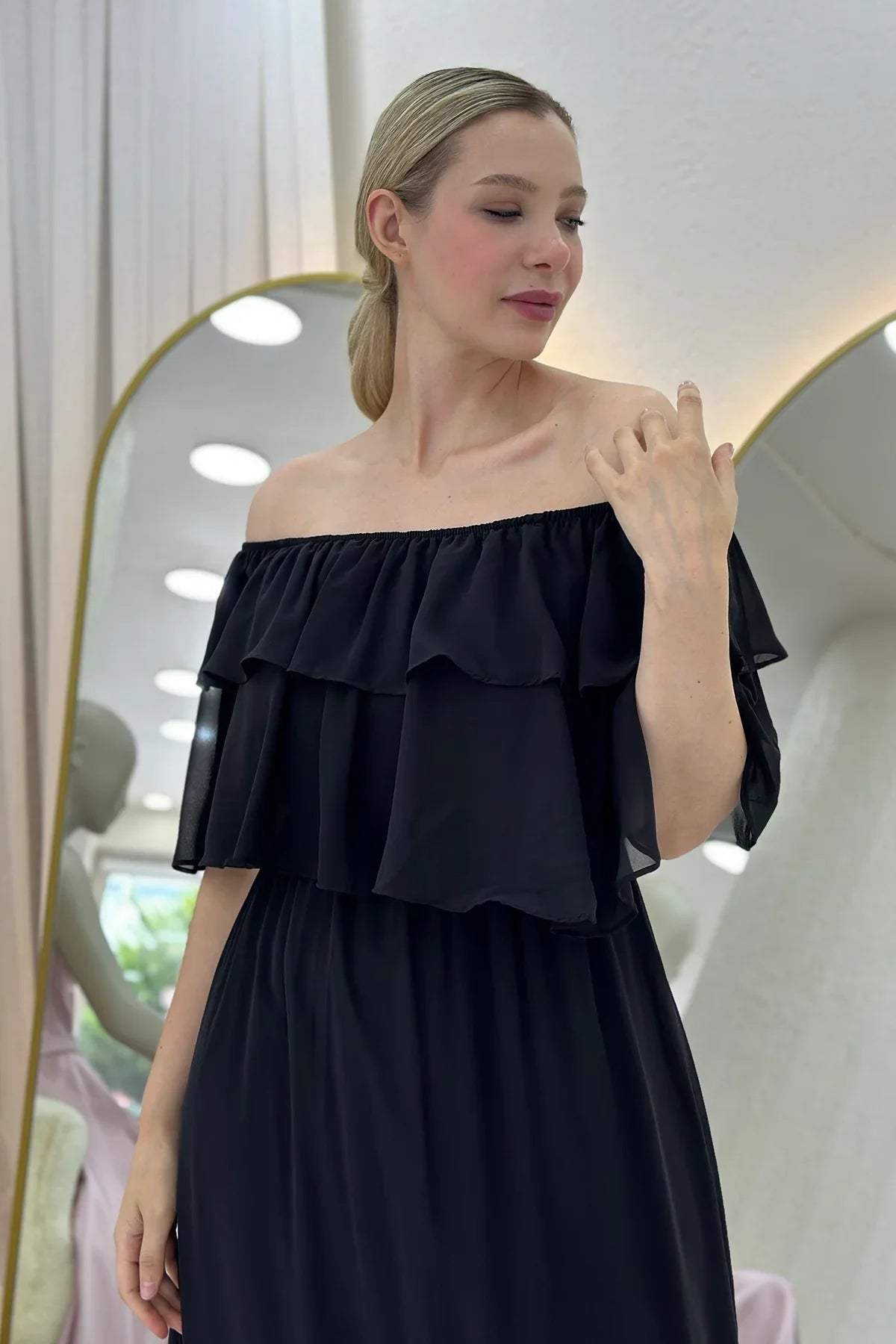 Women's Black Carmen Neck Ruffled Plus Size Long Chiffon Dress