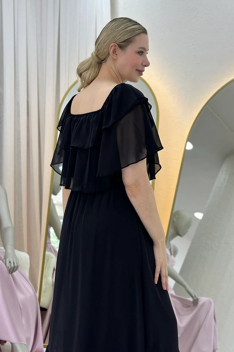 Women's Black Carmen Neck Ruffled Plus Size Long Chiffon Dress