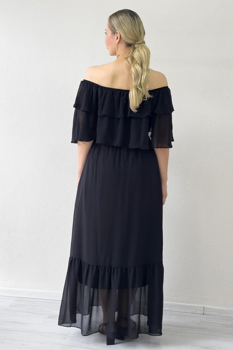 Women's Black Carmen Neck Ruffled Plus Size Long Chiffon Dress