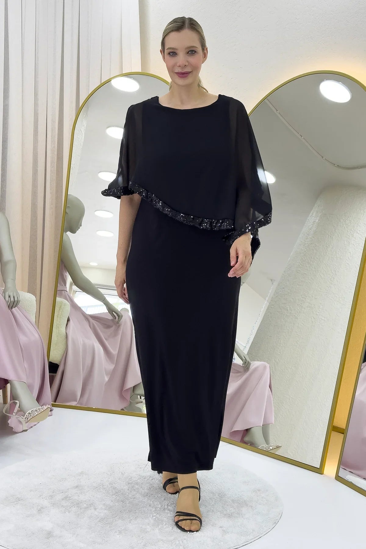 Women's Black Plus Size Chiffon Pelerinli Sleeve Detail Evening Gown