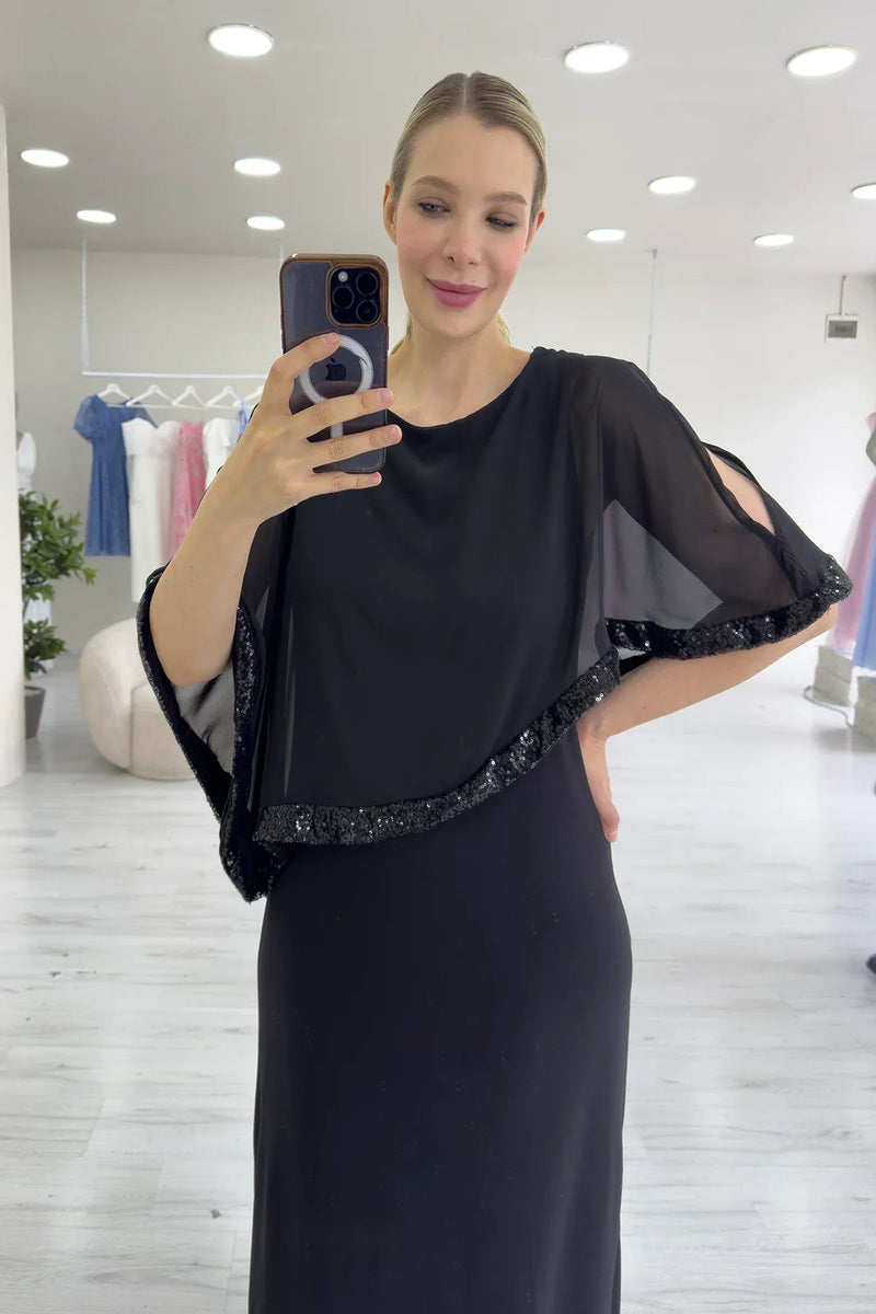 Women's Black Plus Size Chiffon Pelerinli Sleeve Detail Evening Gown