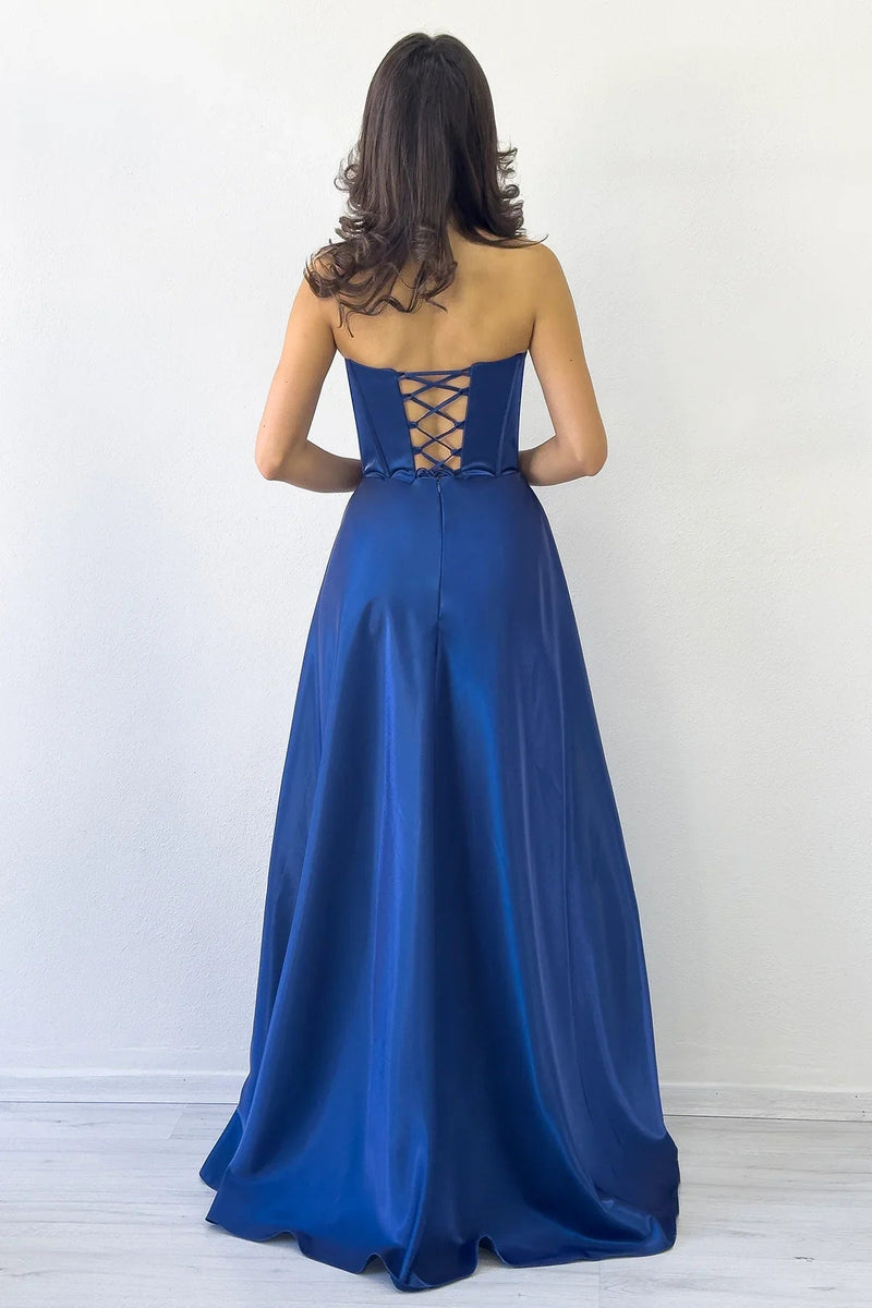Women's Navy Blue Strapless Corset Detail Boncuklu Open Back Evening Gown