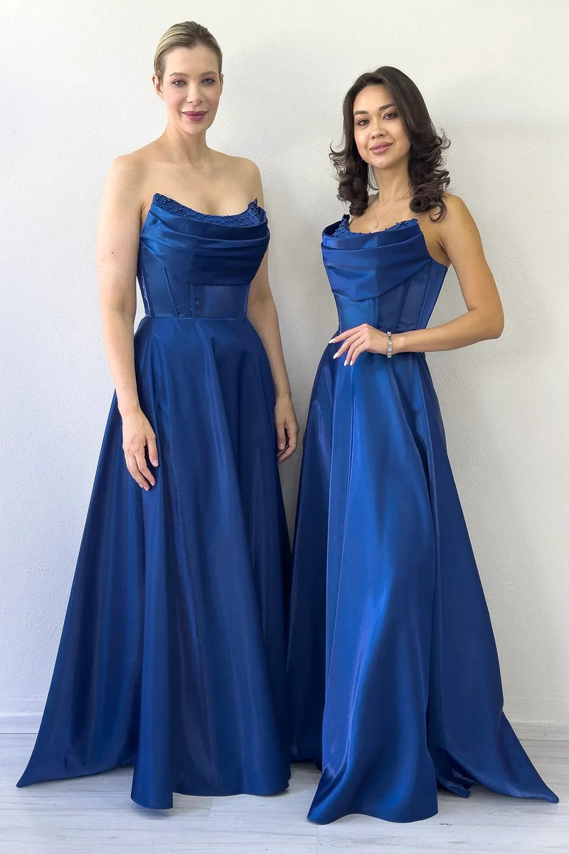 Women's Navy Blue Strapless Corset Detail Boncuklu Open Back Evening Gown