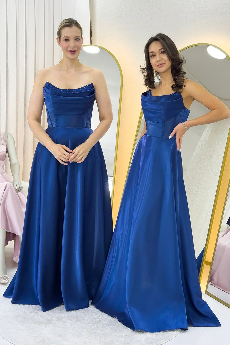 Women's Navy Blue Strapless Corset Detail Boncuklu Open Back Evening Gown