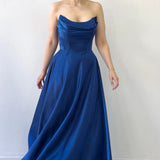Navy Blue Strapless Maxi Satin Evening Dress