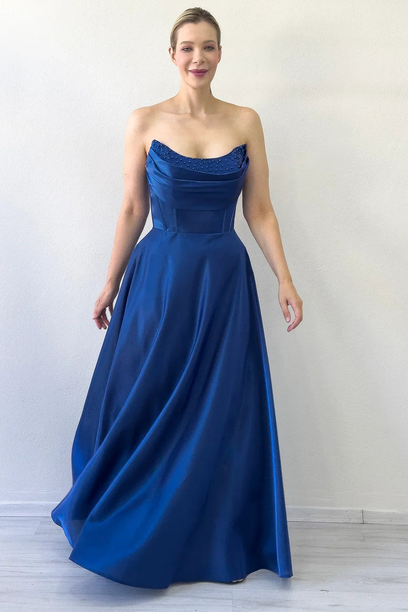 Women's Navy Blue Strapless Corset Detail Boncuklu Open Back Evening Gown