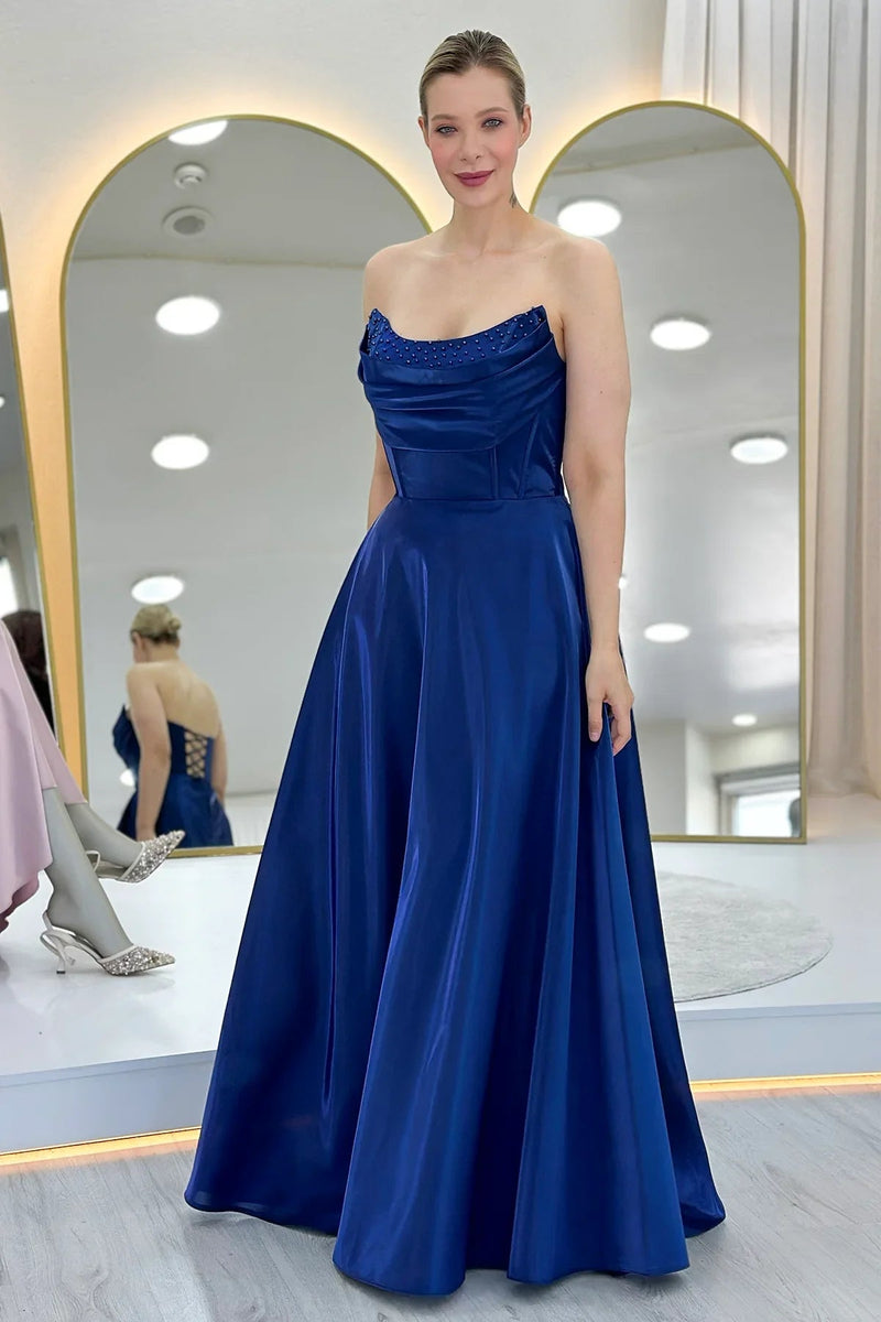 Women's Navy Blue Strapless Corset Detail Boncuklu Open Back Evening Gown