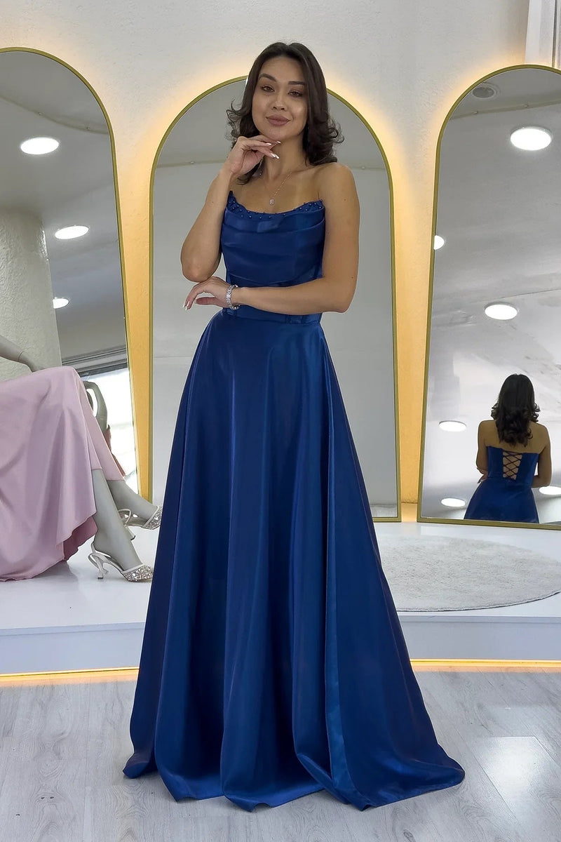Women's Navy Blue Strapless Corset Detail Boncuklu Open Back Evening Gown